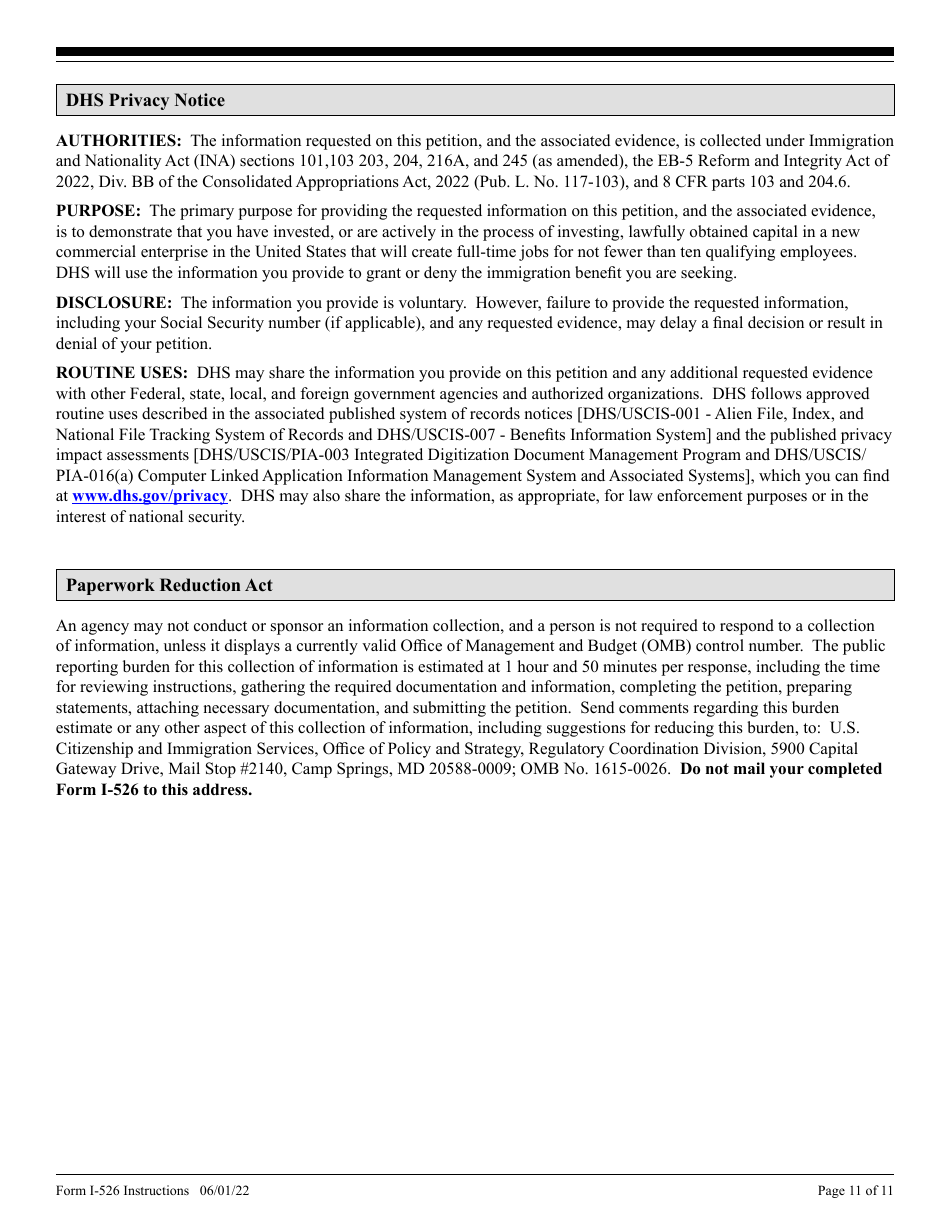 Instructions for USCIS Form I-526 Immigrant Petition by Standalone Investor, Page 11