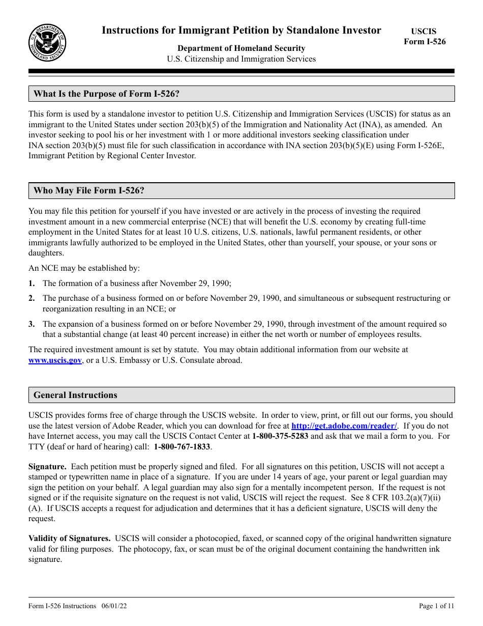 Instructions for USCIS Form I-526 Immigrant Petition by Standalone Investor, Page 1