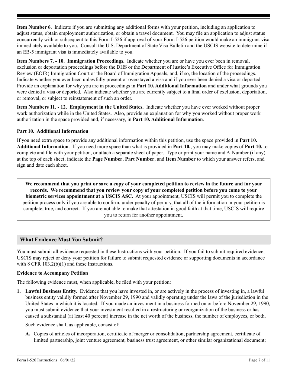 Instructions for USCIS Form I-526 Immigrant Petition by Standalone Investor, Page 7