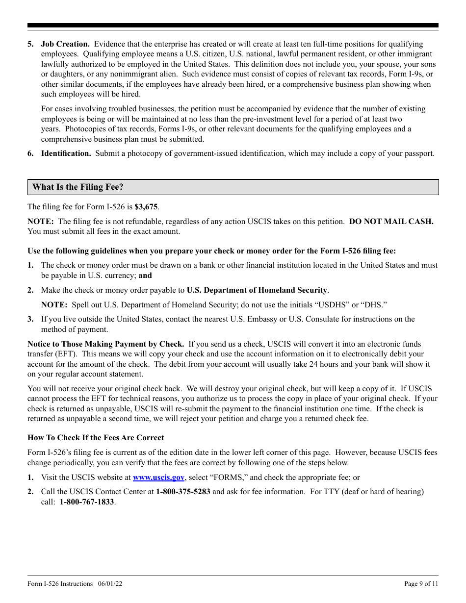 Instructions for USCIS Form I-526 Immigrant Petition by Standalone Investor, Page 9