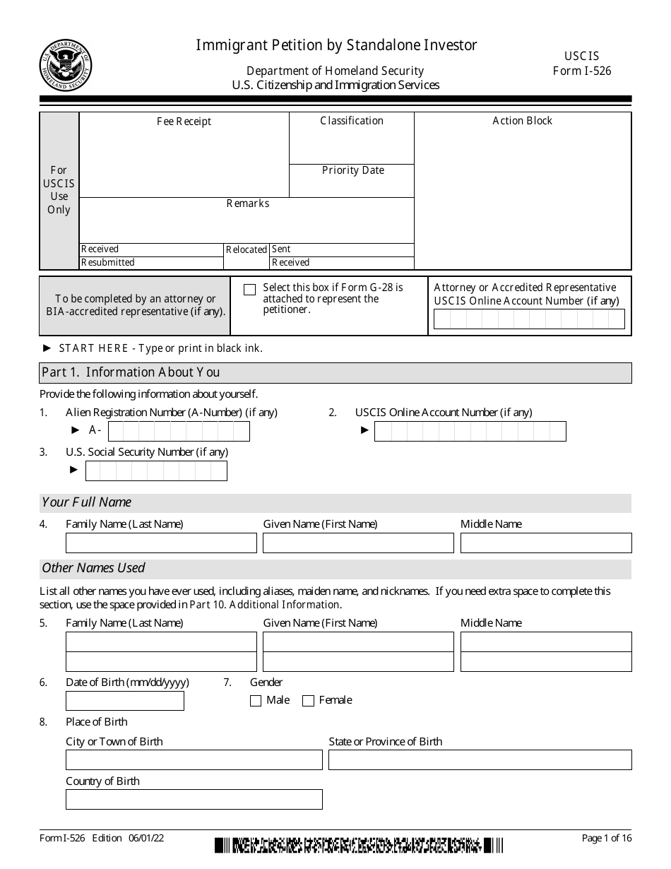 USCIS Form I-526 Immigrant Petition by Standalone Investor, Page 1