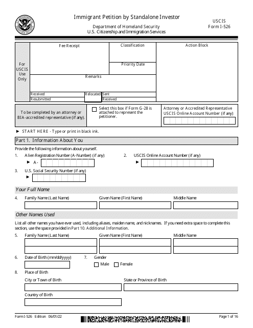 USCIS Form I-526  Printable Pdf