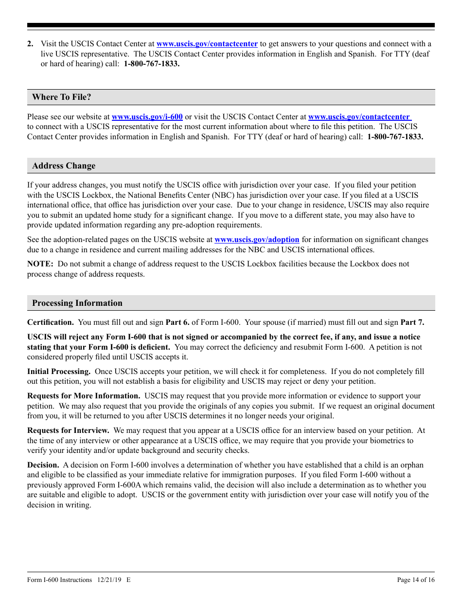 Instructions for USCIS Form I-600 Petition to Classify Orphan as an Immediate Relative, Page 14