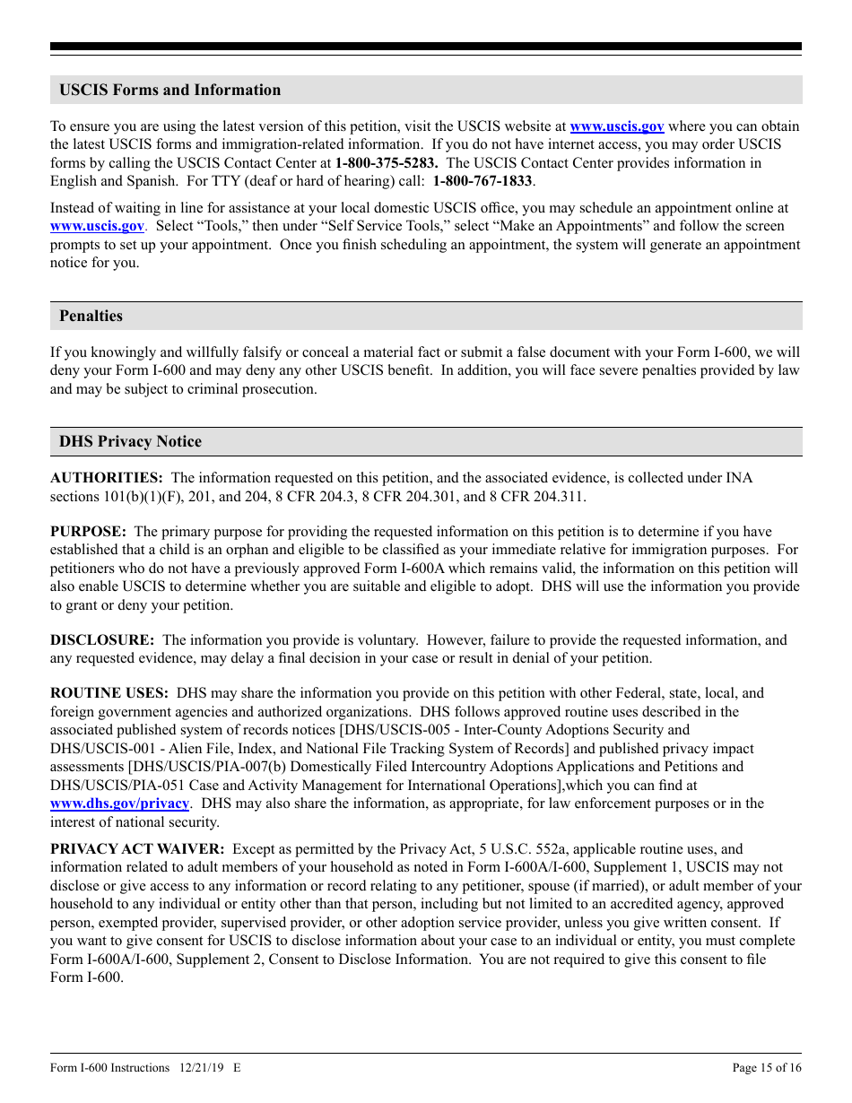 Instructions for USCIS Form I-600 Petition to Classify Orphan as an Immediate Relative, Page 15