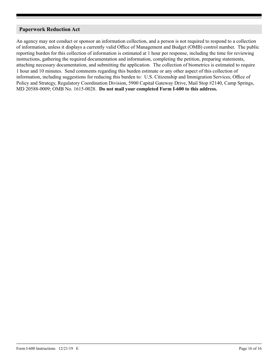 Instructions for USCIS Form I-600 Petition to Classify Orphan as an Immediate Relative, Page 16