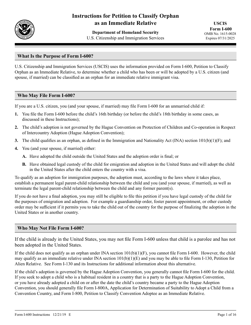 Instructions for USCIS Form I-600 Petition to Classify Orphan as an Immediate Relative, Page 1