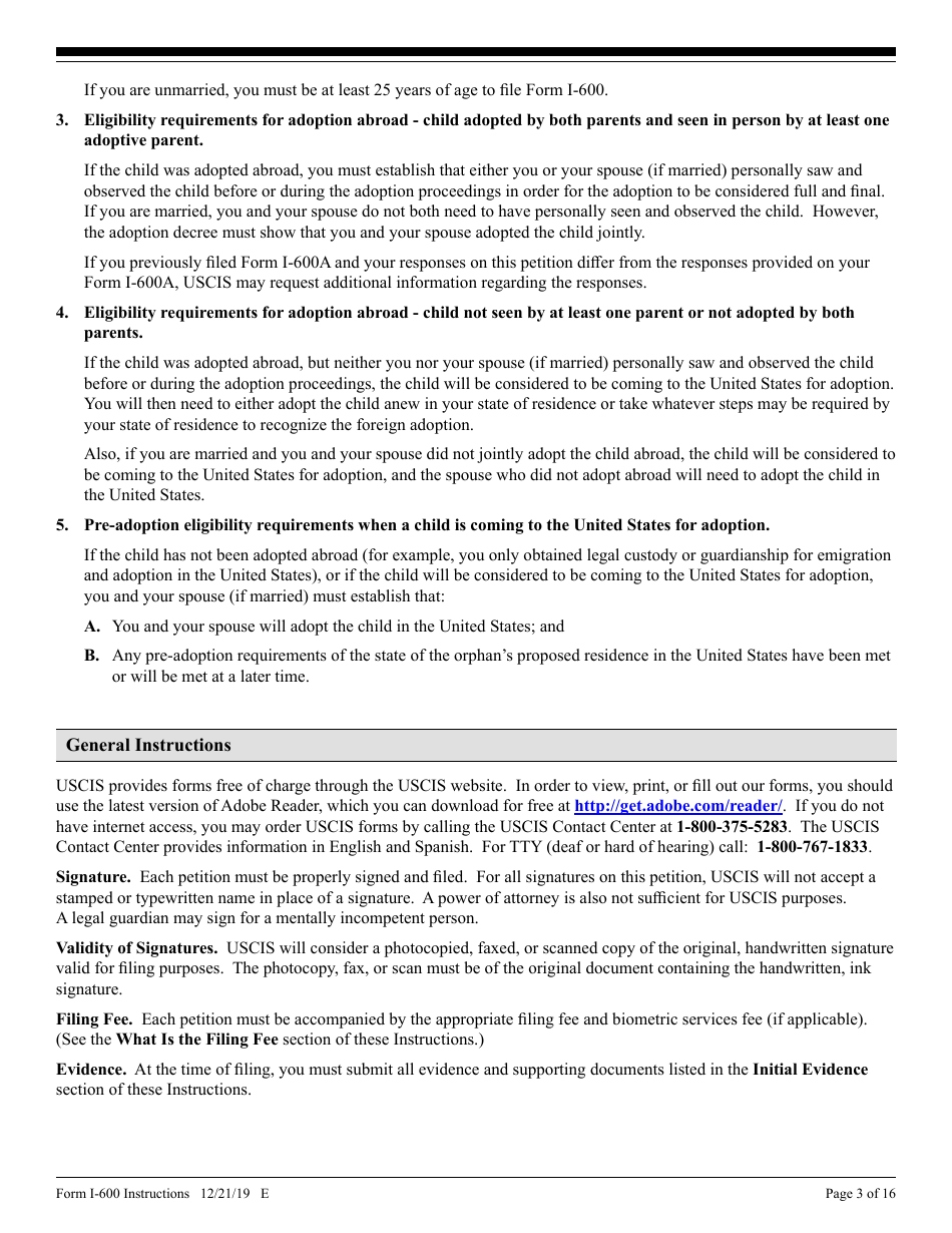 Download Instructions for USCIS Form I-600 Petition to Classify Orphan ...