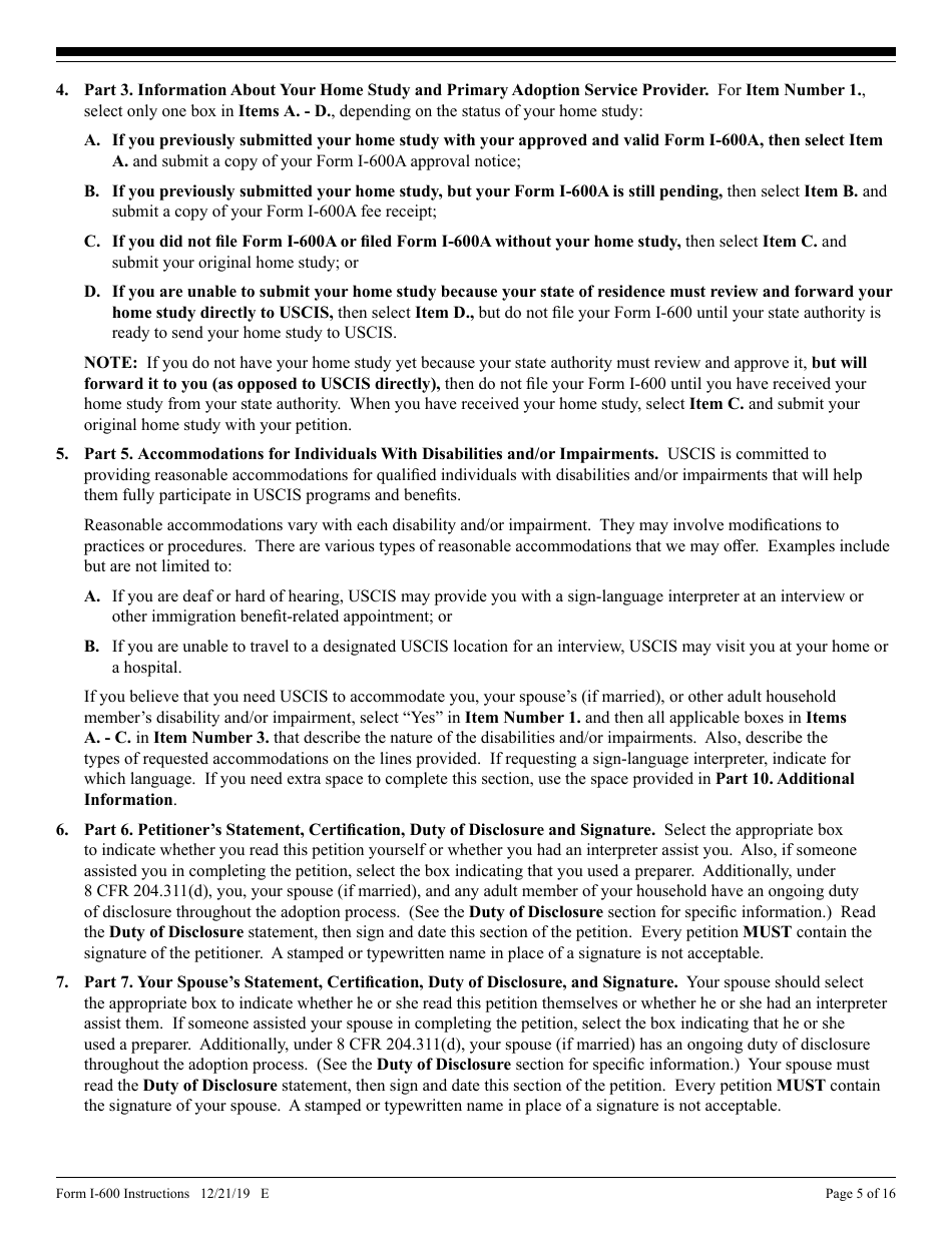 Instructions for USCIS Form I-600 Petition to Classify Orphan as an Immediate Relative, Page 5
