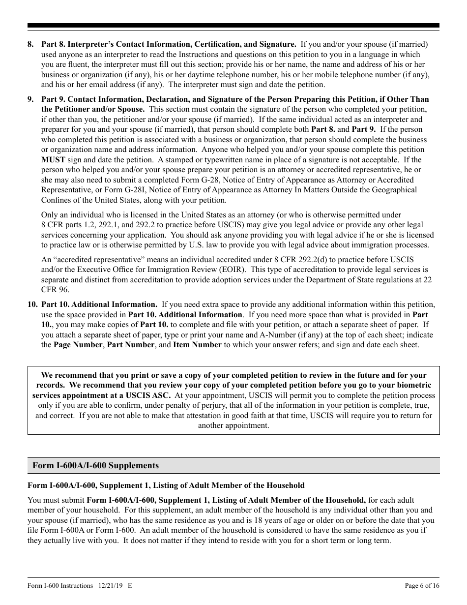 Instructions for USCIS Form I-600 Petition to Classify Orphan as an Immediate Relative, Page 6