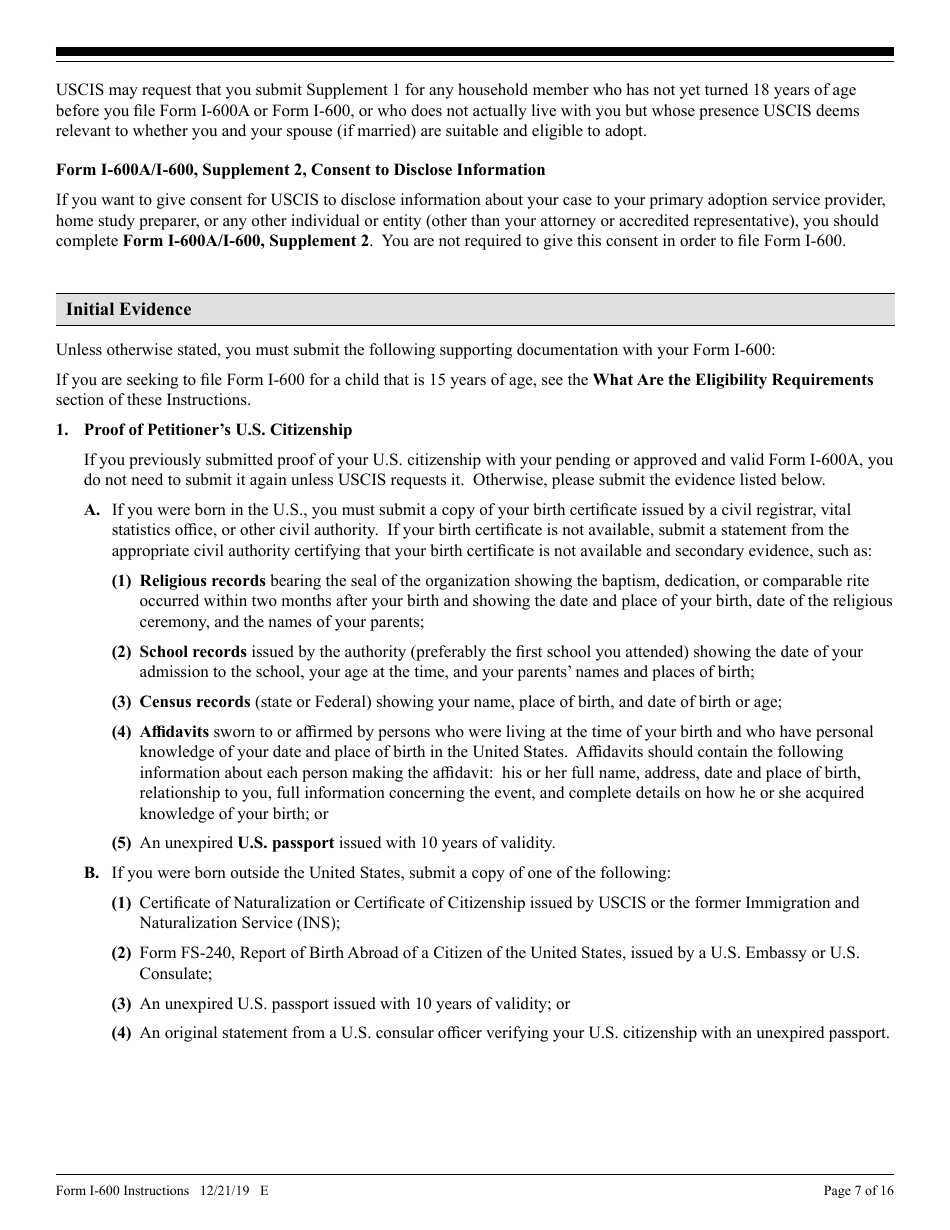Instructions for USCIS Form I-600 Petition to Classify Orphan as an Immediate Relative, Page 7