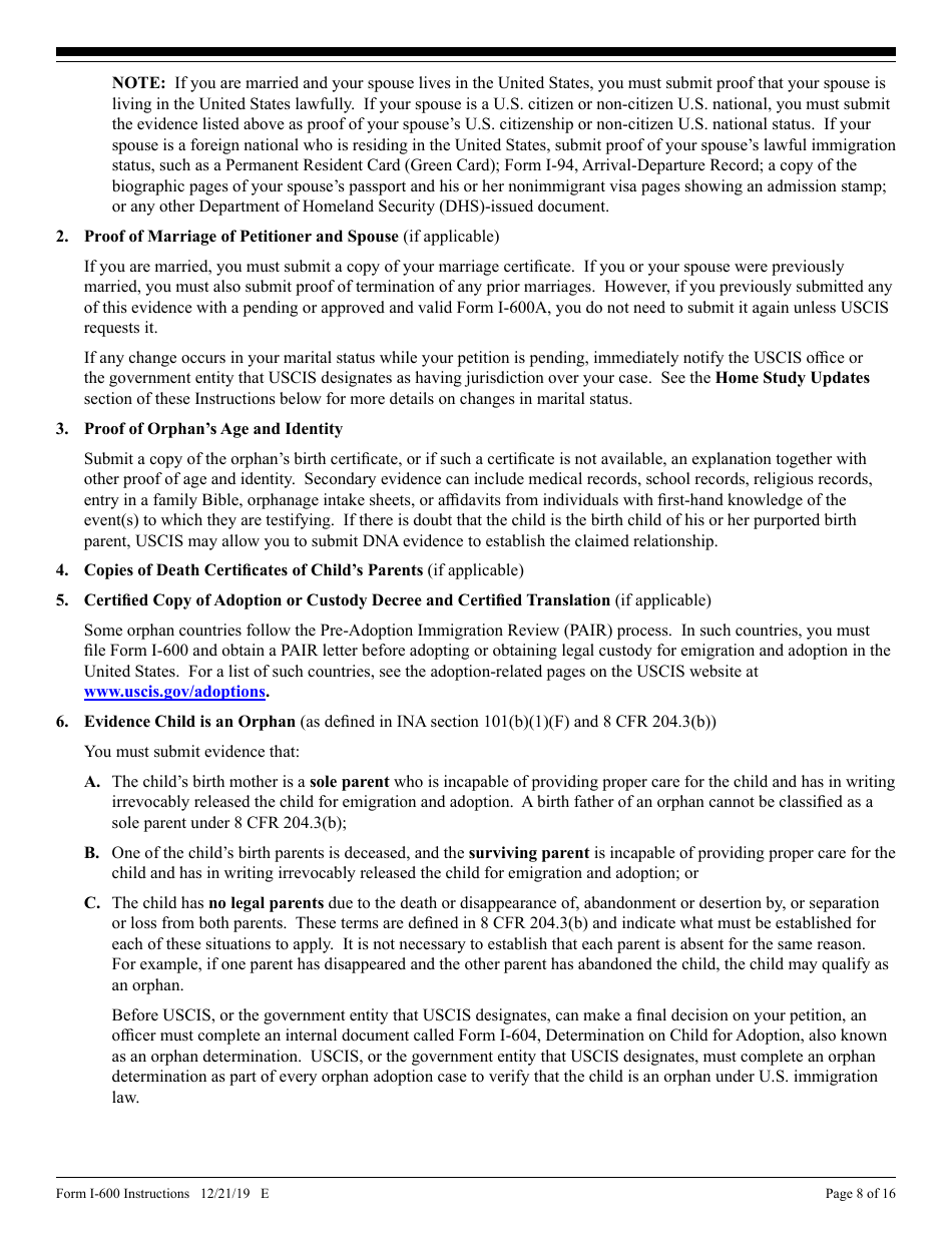Instructions for USCIS Form I-600 Petition to Classify Orphan as an Immediate Relative, Page 8