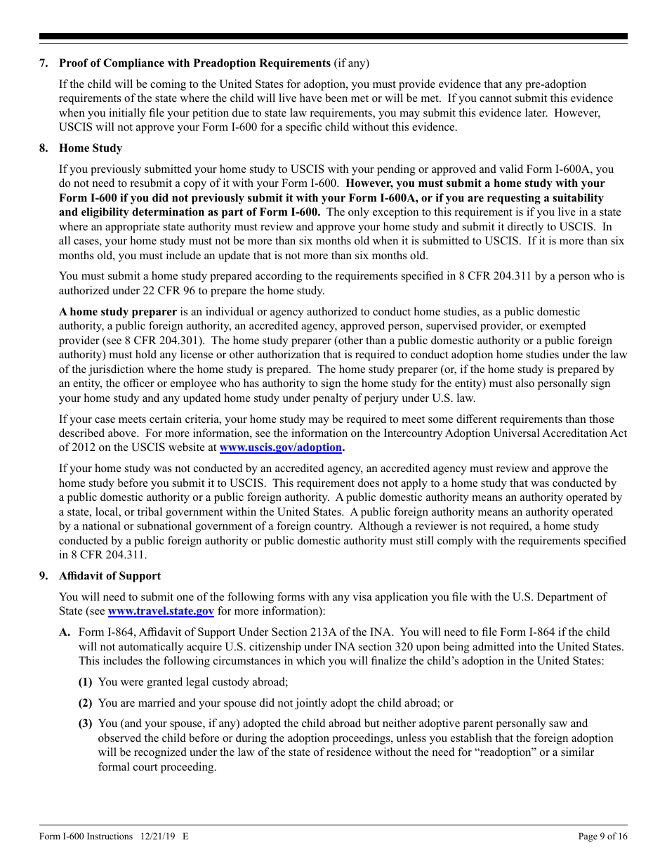Instructions for USCIS Form I-600 Petition to Classify Orphan as an Immediate Relative, Page 9