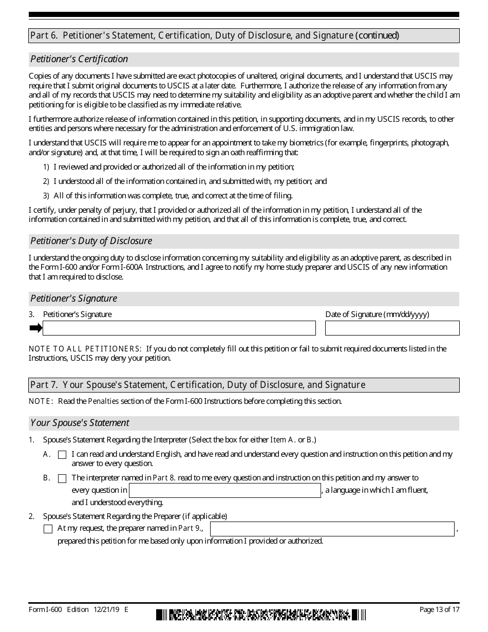 USCIS Form I-600 Petition to Classify Orphan as an Immediate Relative, Page 13