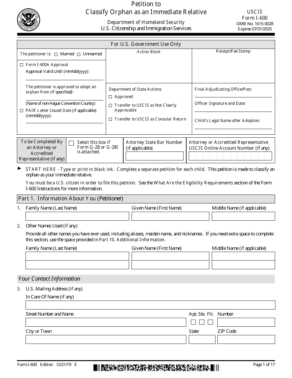 USCIS Form I-600 Petition to Classify Orphan as an Immediate Relative, Page 1