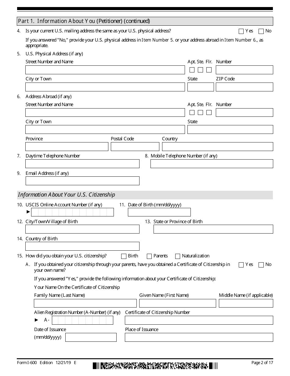 USCIS Form I-600 Petition to Classify Orphan as an Immediate Relative, Page 2