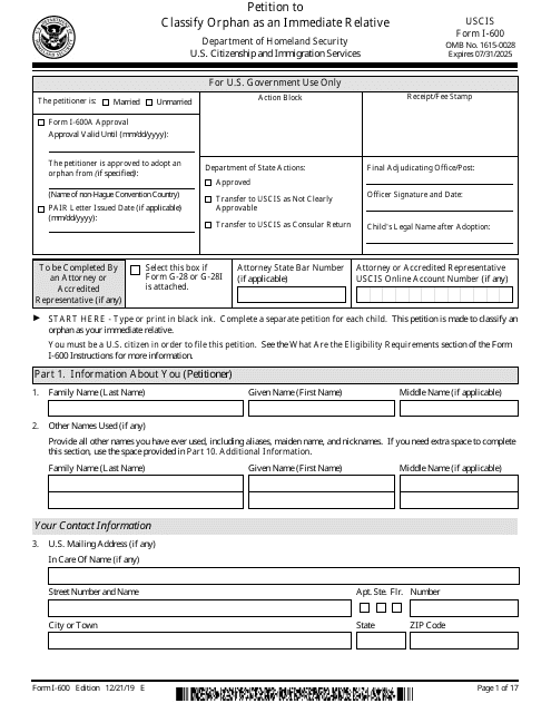 USCIS Form I-600  Printable Pdf