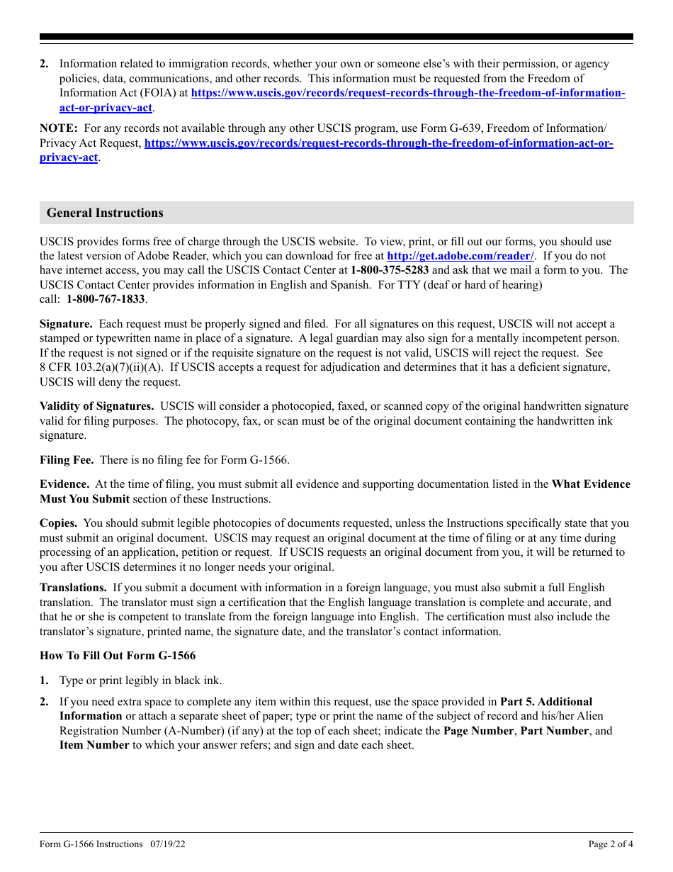 Instructions for USCIS Form G-1566 Request for a Certificate of Non-existence, Page 2