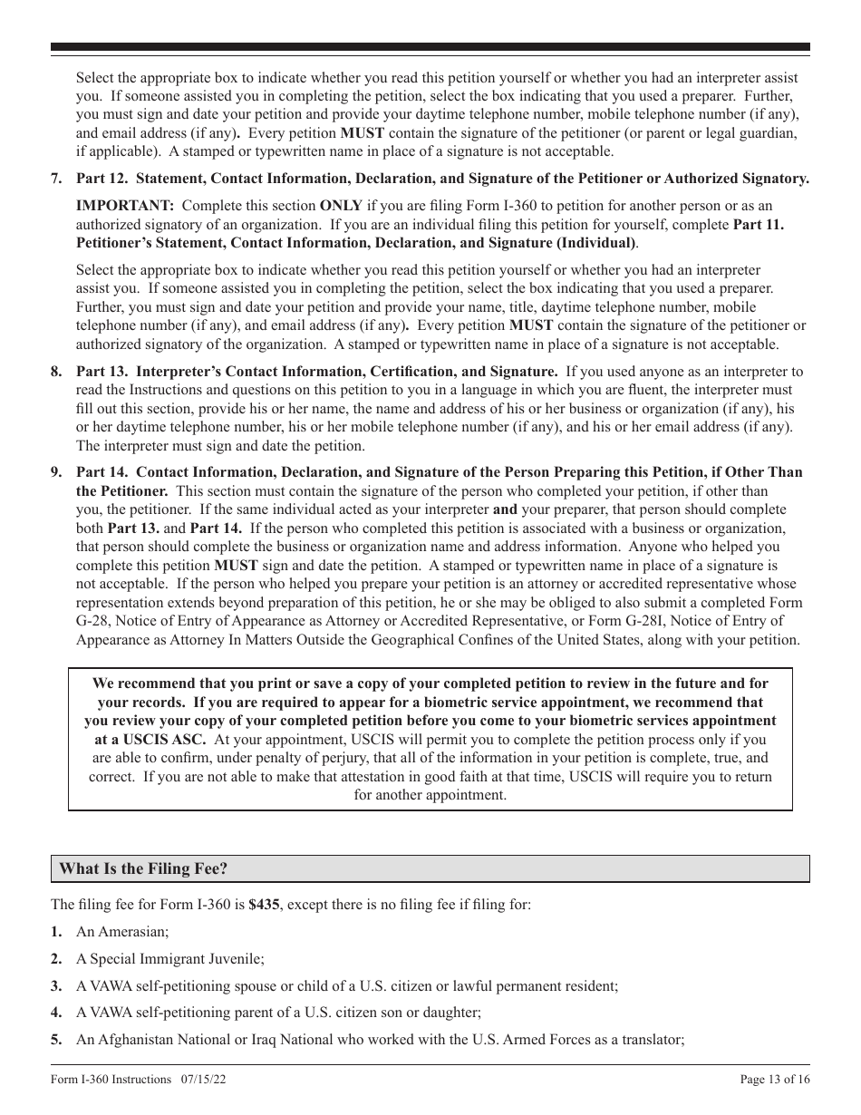 Instructions for USCIS Form I-360 Petition for Amerasian, Widow(Er), or Special Immigrant, Page 13