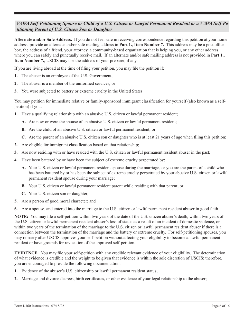 Instructions for USCIS Form I-360 Petition for Amerasian, Widow(Er), or Special Immigrant, Page 6
