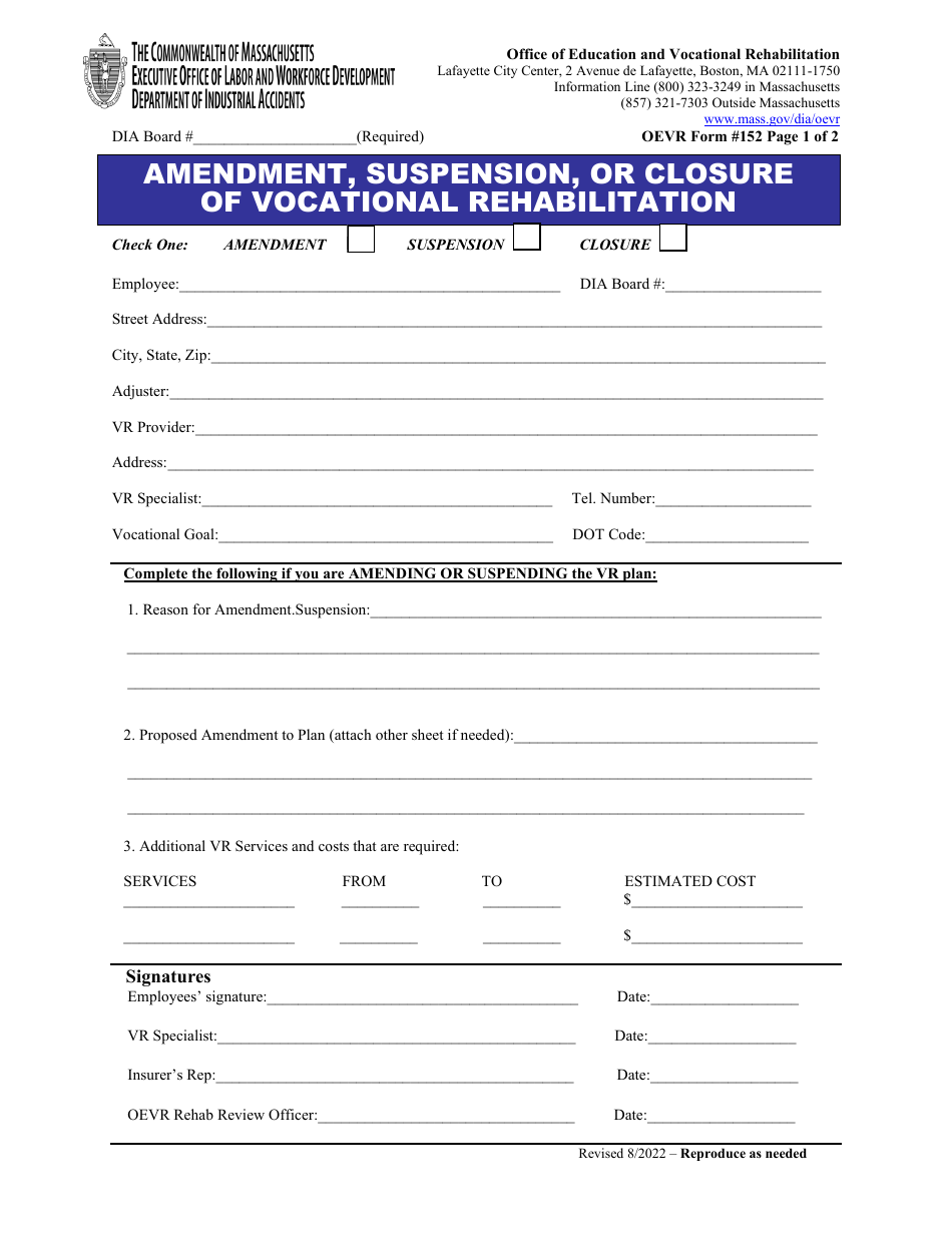 OEVR Form 152 Amendment, Suspension, or Closure of Vocational Rehabilitation Plan - Massachusetts, Page 1