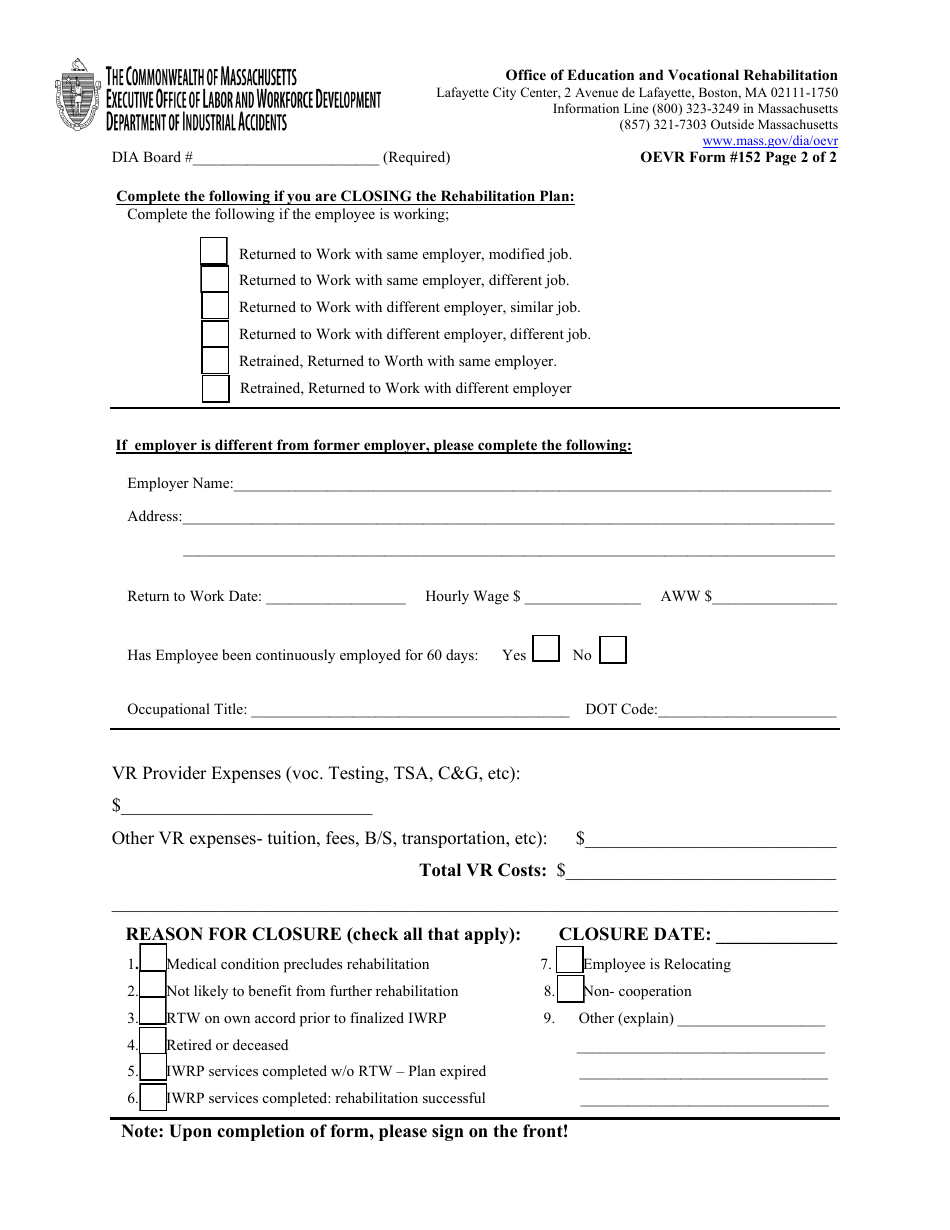OEVR Form 152 Amendment, Suspension, or Closure of Vocational Rehabilitation Plan - Massachusetts, Page 2