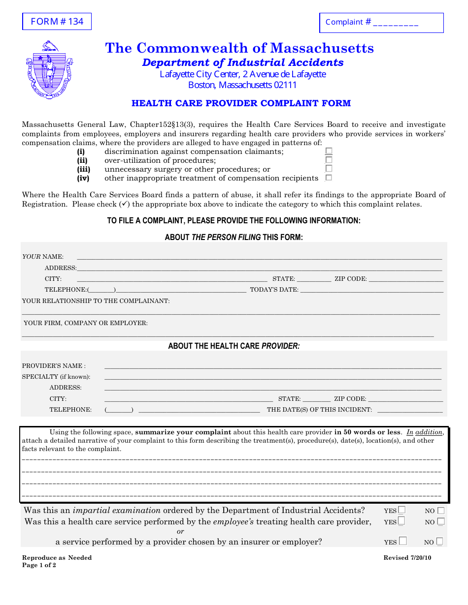 Form 134 Health Care Provider Complaint Form - Massachusetts, Page 1