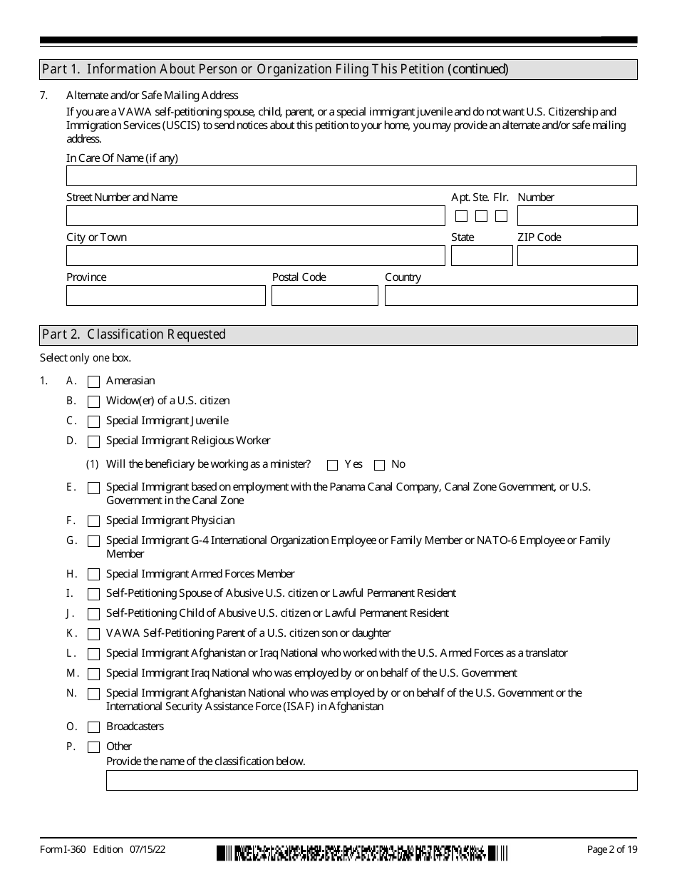 USCIS Form I-360 Petition for Amerasian, Widow(Er), or Special Immigrant, Page 2