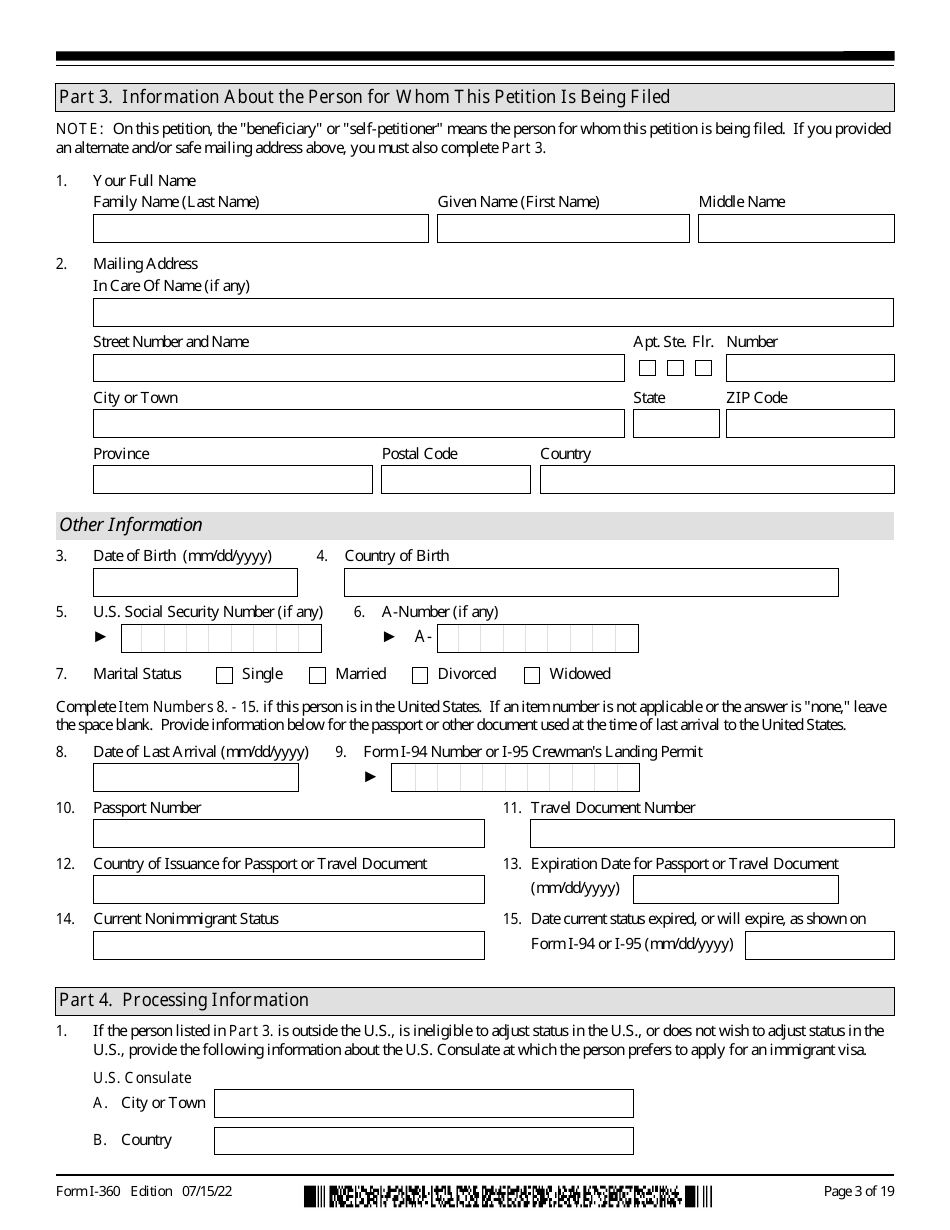 USCIS Form I-360 Petition for Amerasian, Widow(Er), or Special Immigrant, Page 3