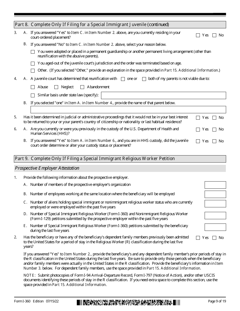 USCIS Form I-360 Petition for Amerasian, Widow(Er), or Special Immigrant, Page 9