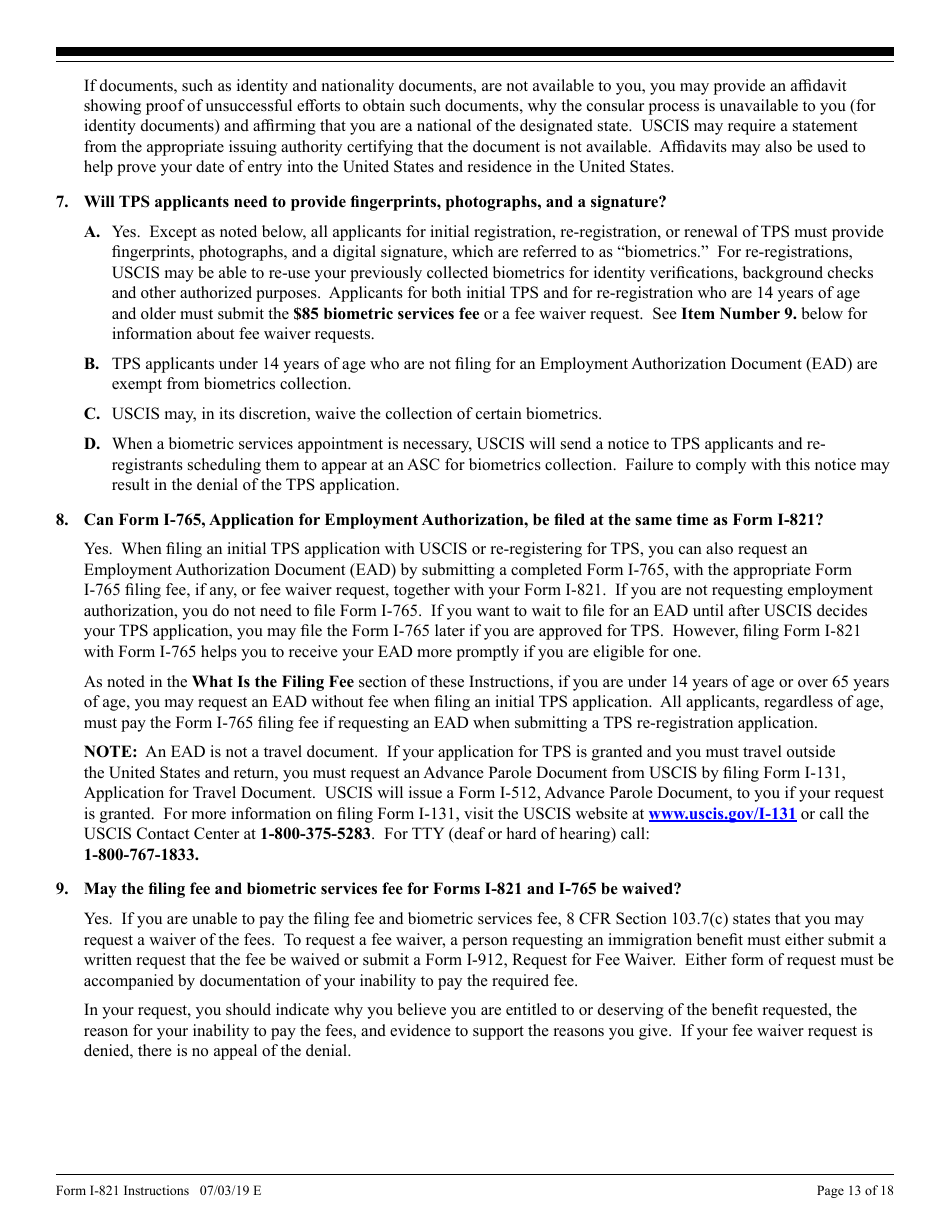 Instructions for USCIS Form I-821 Application for Temporary Protected Status, Page 13