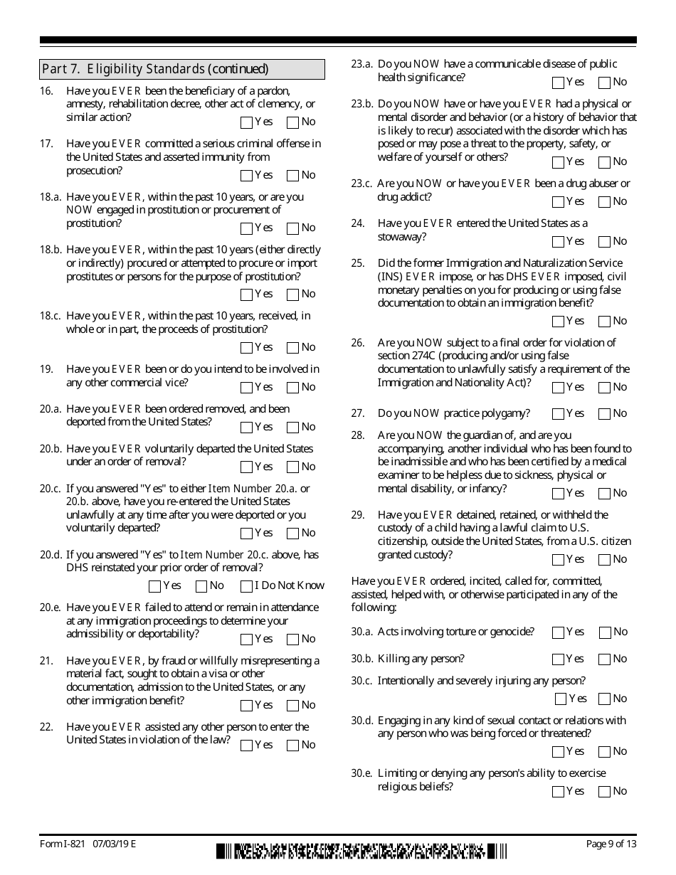 USCIS Form I-821 Application for Temporary Protected Status, Page 9