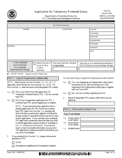 USCIS Form I-821  Printable Pdf