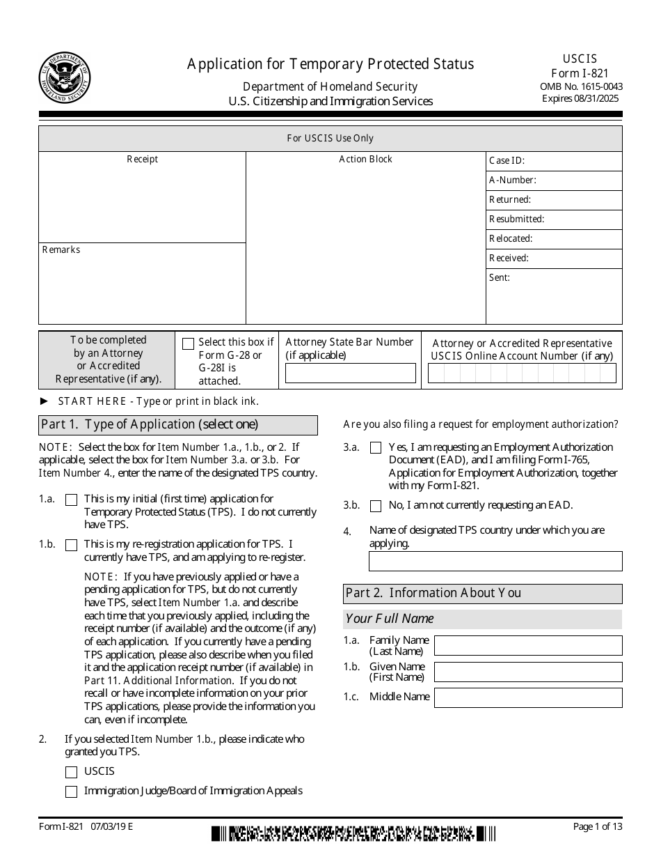 USCIS Form I 821 Download Fillable PDF Or Fill Online Application For 