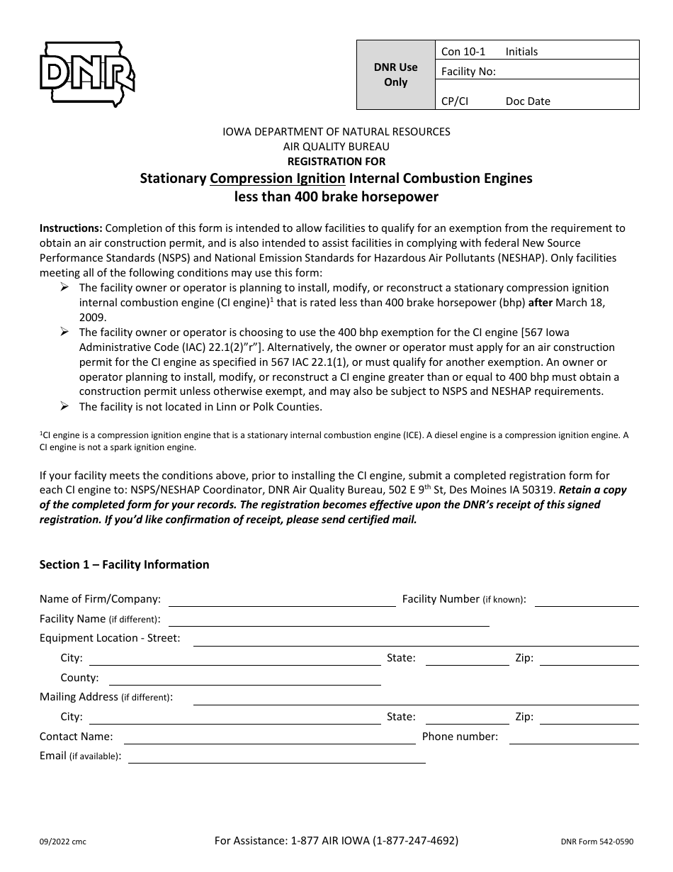 DNR Form 542-0590 Registration for Stationary Compression Ignition Internal Combustion Engines Less Than 400 Brake Horsepower - Iowa, Page 1
