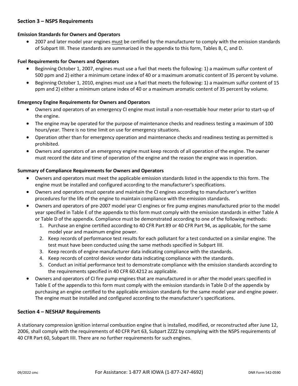 DNR Form 542-0590 Registration for Stationary Compression Ignition Internal Combustion Engines Less Than 400 Brake Horsepower - Iowa, Page 3