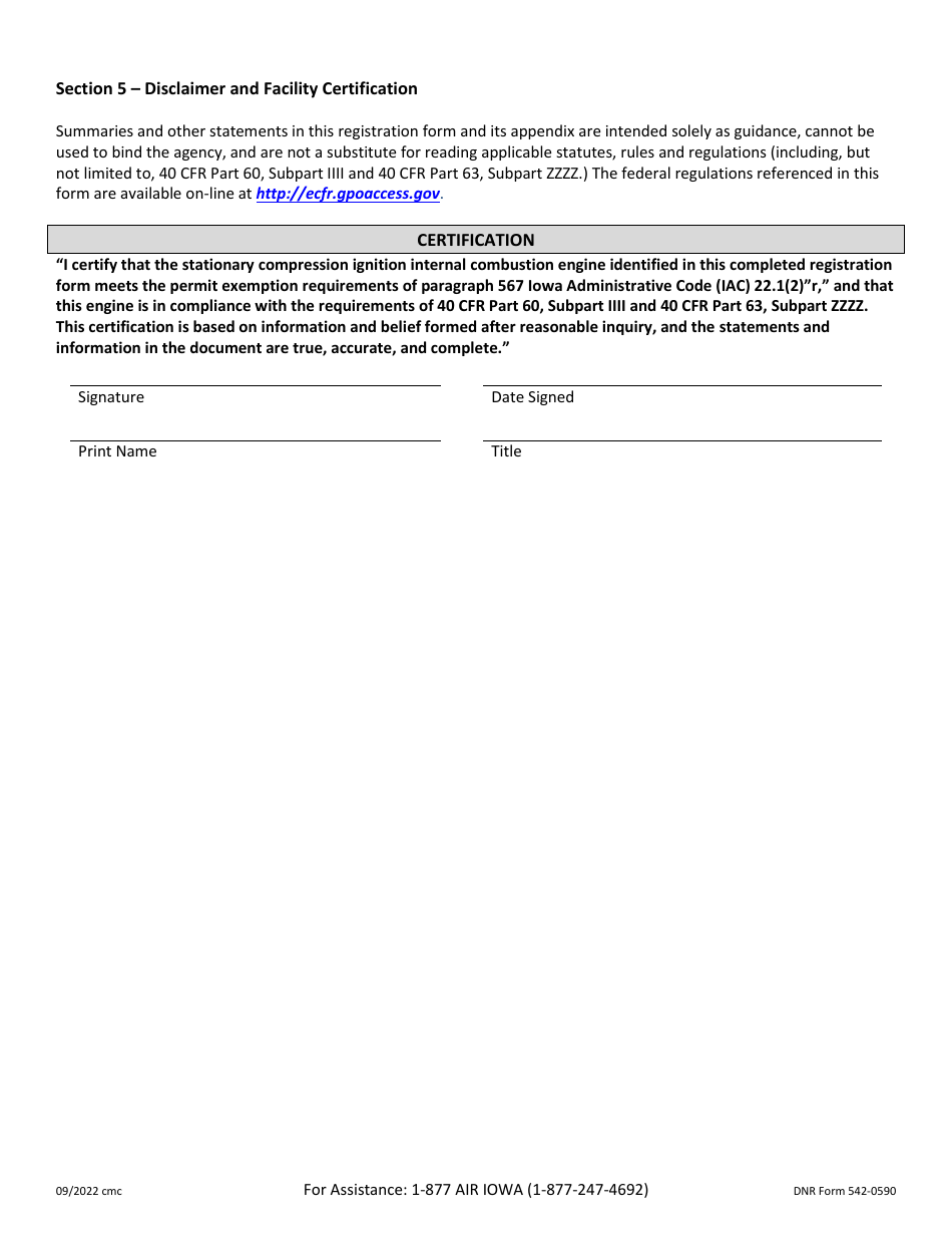 DNR Form 542-0590 Registration for Stationary Compression Ignition Internal Combustion Engines Less Than 400 Brake Horsepower - Iowa, Page 4
