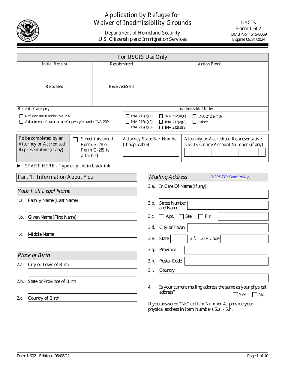USCIS Form I-602 Application by Refugee for Waiver of Inadmissibility Grounds, Page 1