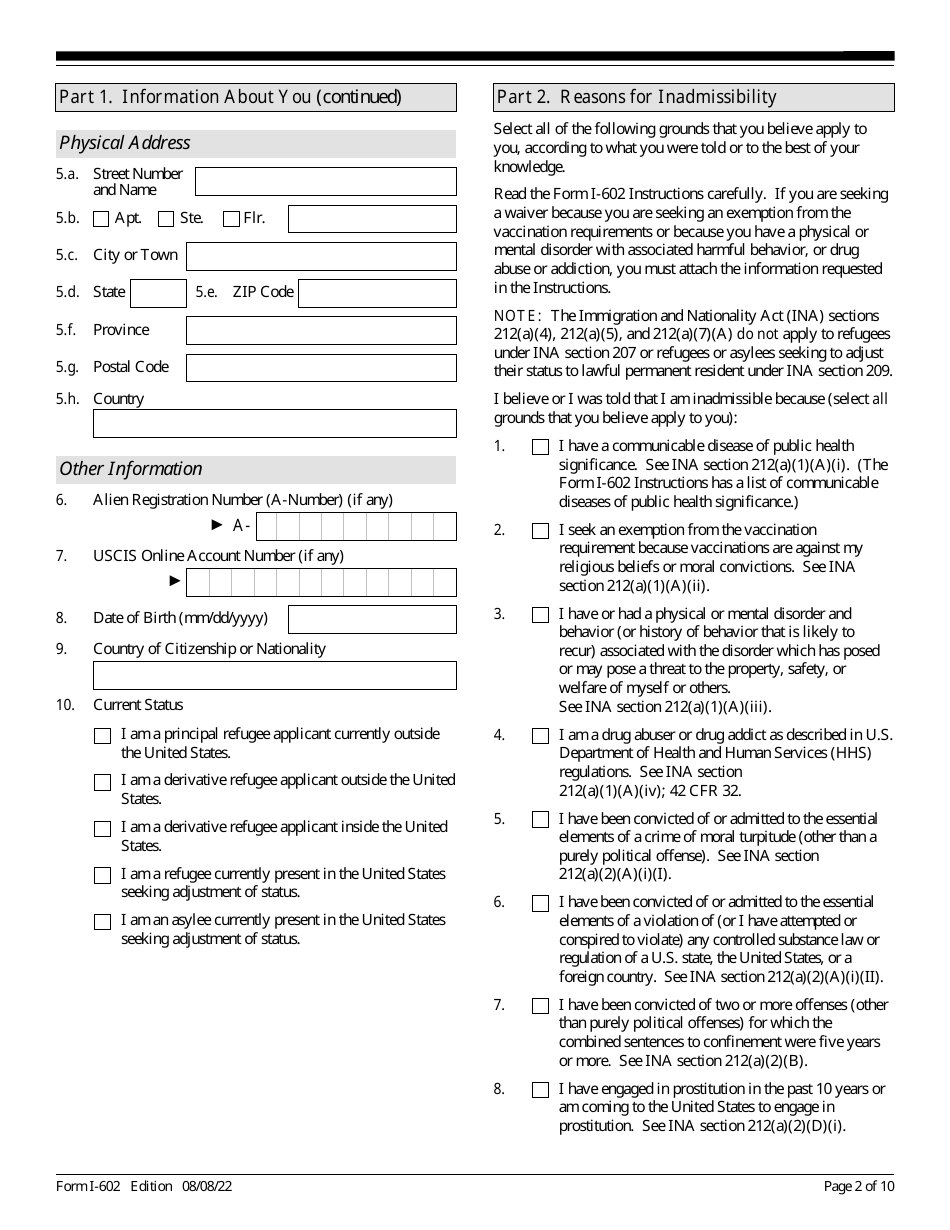 USCIS Form I-602 Application by Refugee for Waiver of Inadmissibility Grounds, Page 2