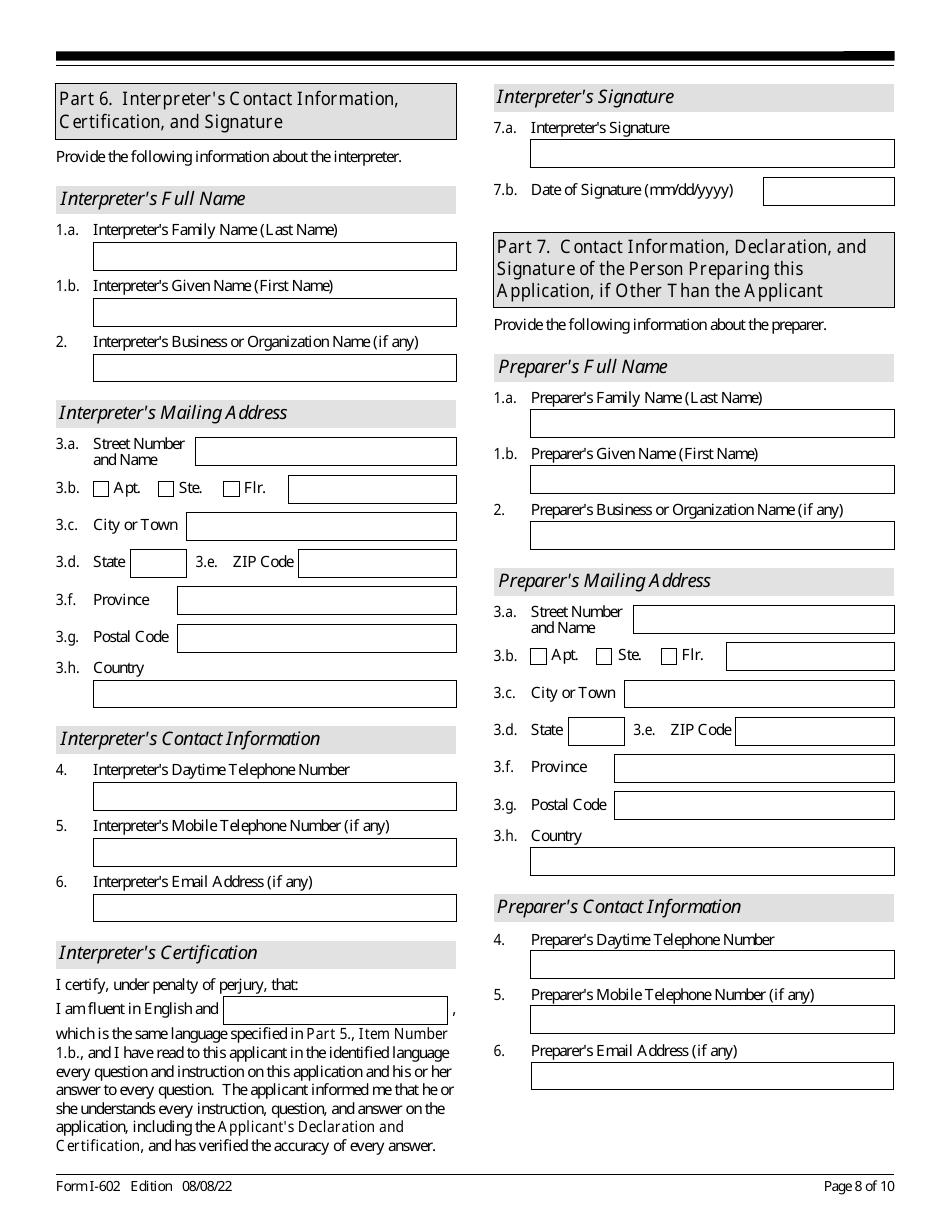 USCIS Form I-602 Download Fillable PDF or Fill Online Application by ...