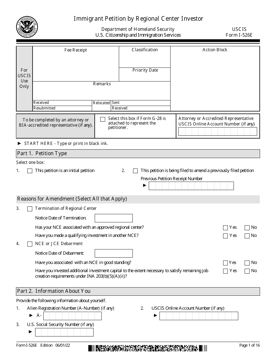 USCIS Form I-526E Immigrant Petition by Regional Center Investor, Page 1