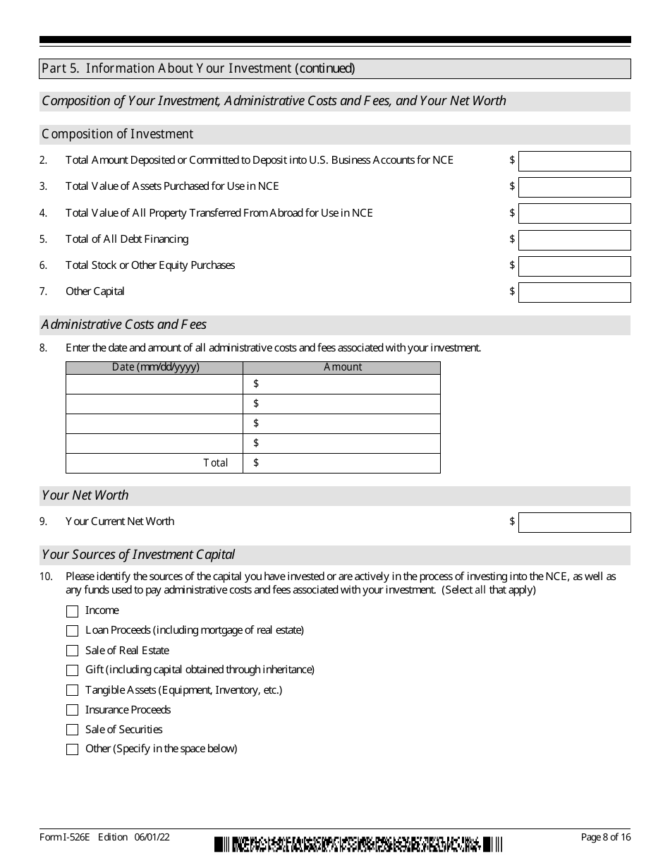 USCIS Form I-526E Immigrant Petition by Regional Center Investor, Page 8