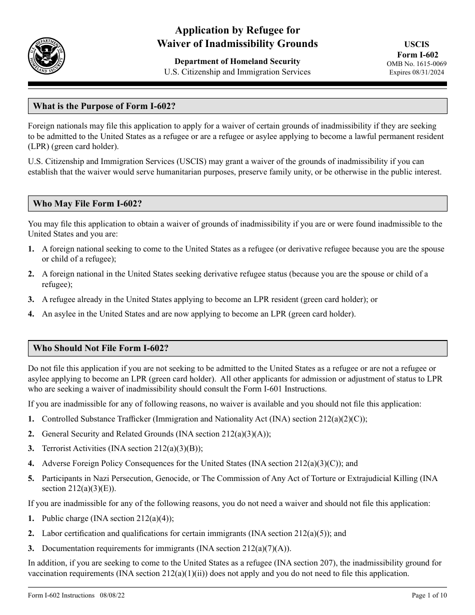 Download Instructions For USCIS Form I-602 Application By Refugee For ...