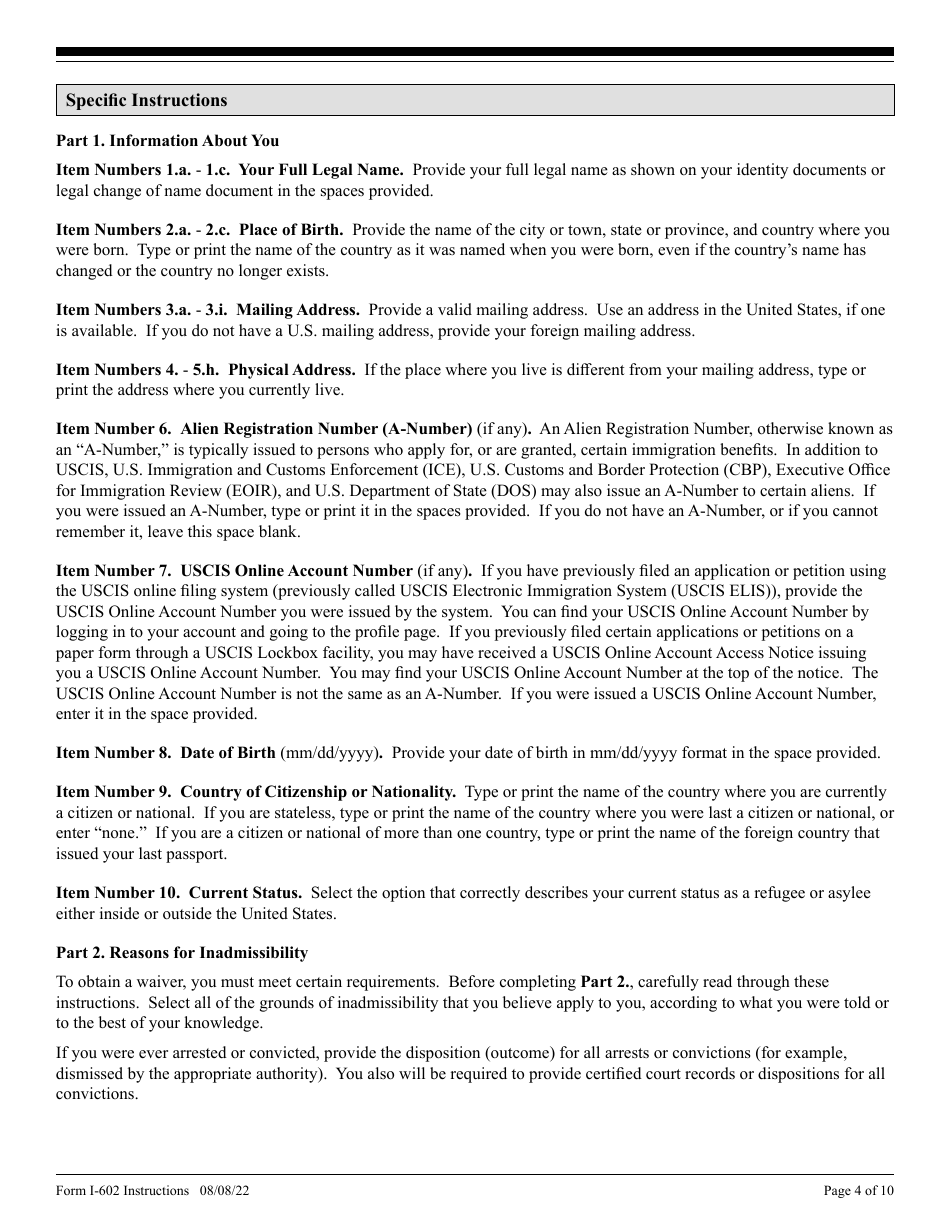 Instructions for USCIS Form I-602 Application by Refugee for Waiver of Inadmissibility Grounds, Page 4