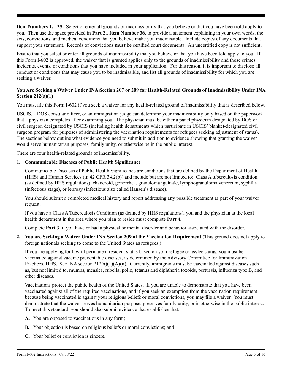 Instructions for USCIS Form I-602 Application by Refugee for Waiver of Inadmissibility Grounds, Page 5