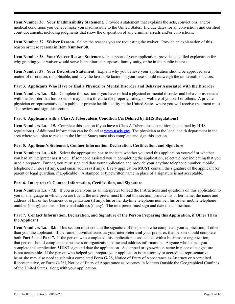 Instructions for USCIS Form I-602 Application by Refugee for Waiver of Inadmissibility Grounds, Page 7