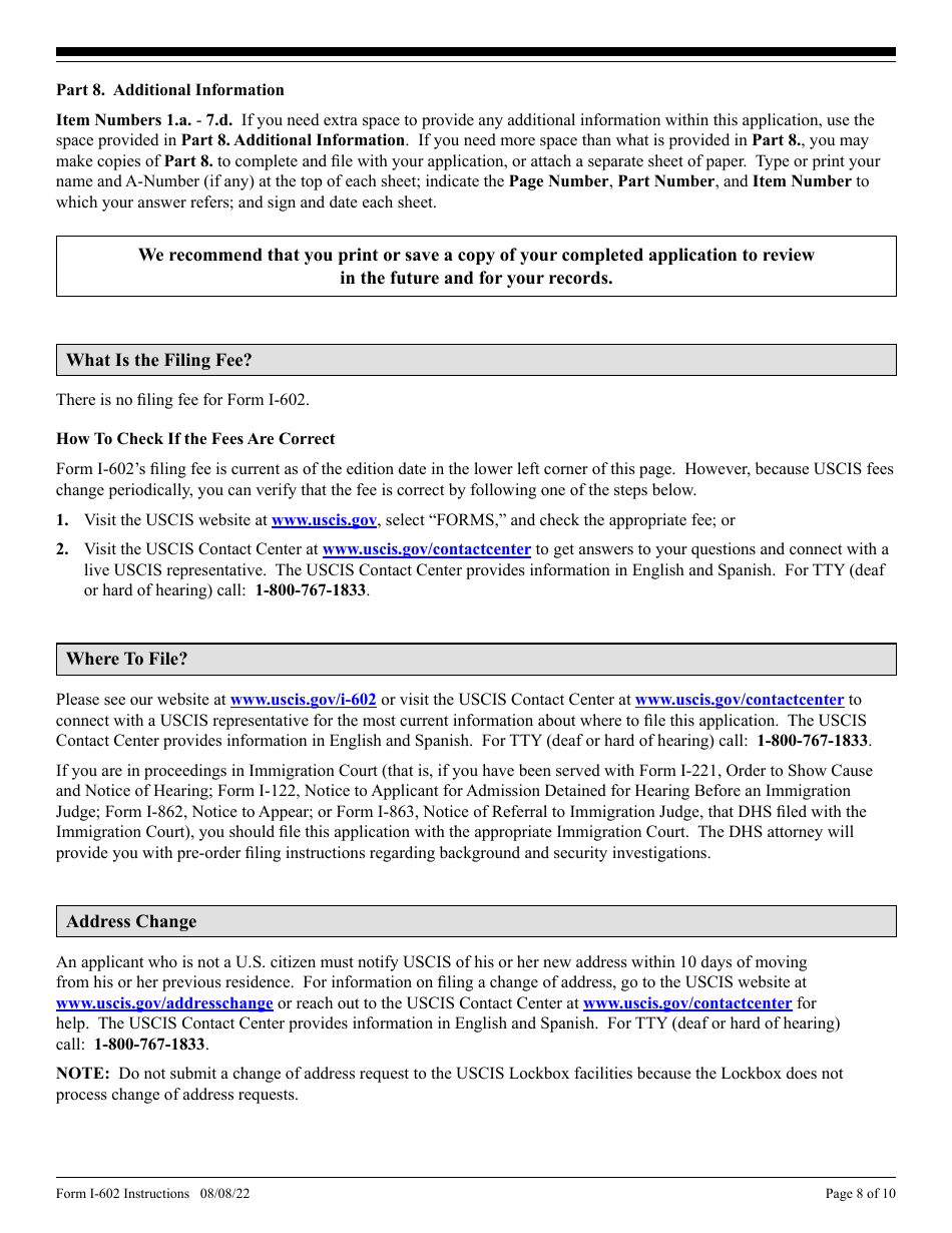 Instructions for USCIS Form I-602 Application by Refugee for Waiver of Inadmissibility Grounds, Page 8
