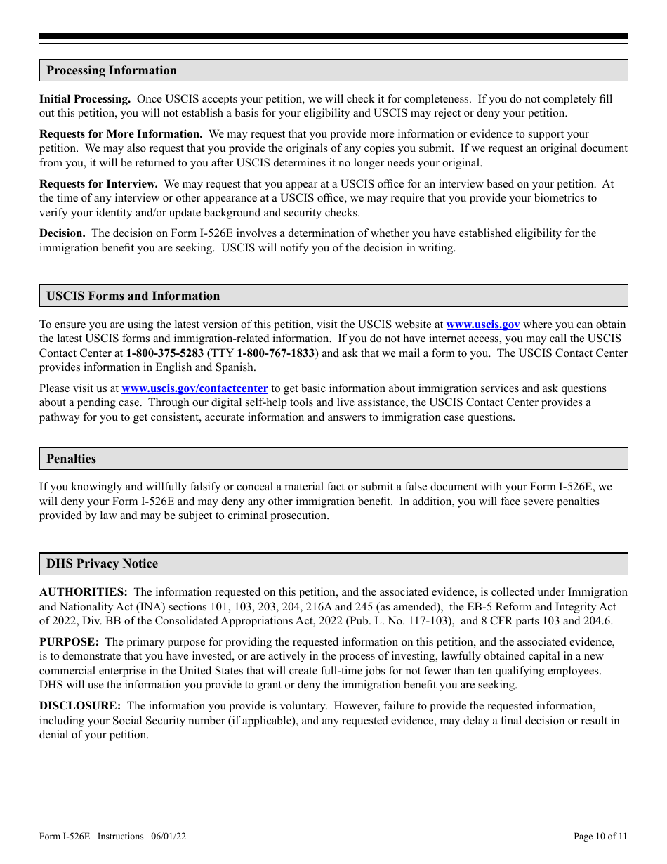 Instructions for USCIS Form I-526E Immigrant Petition by Regional Center Investor, Page 10