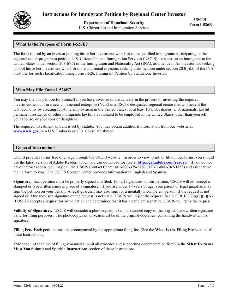 Instructions for USCIS Form I-526E Immigrant Petition by Regional Center Investor, Page 1