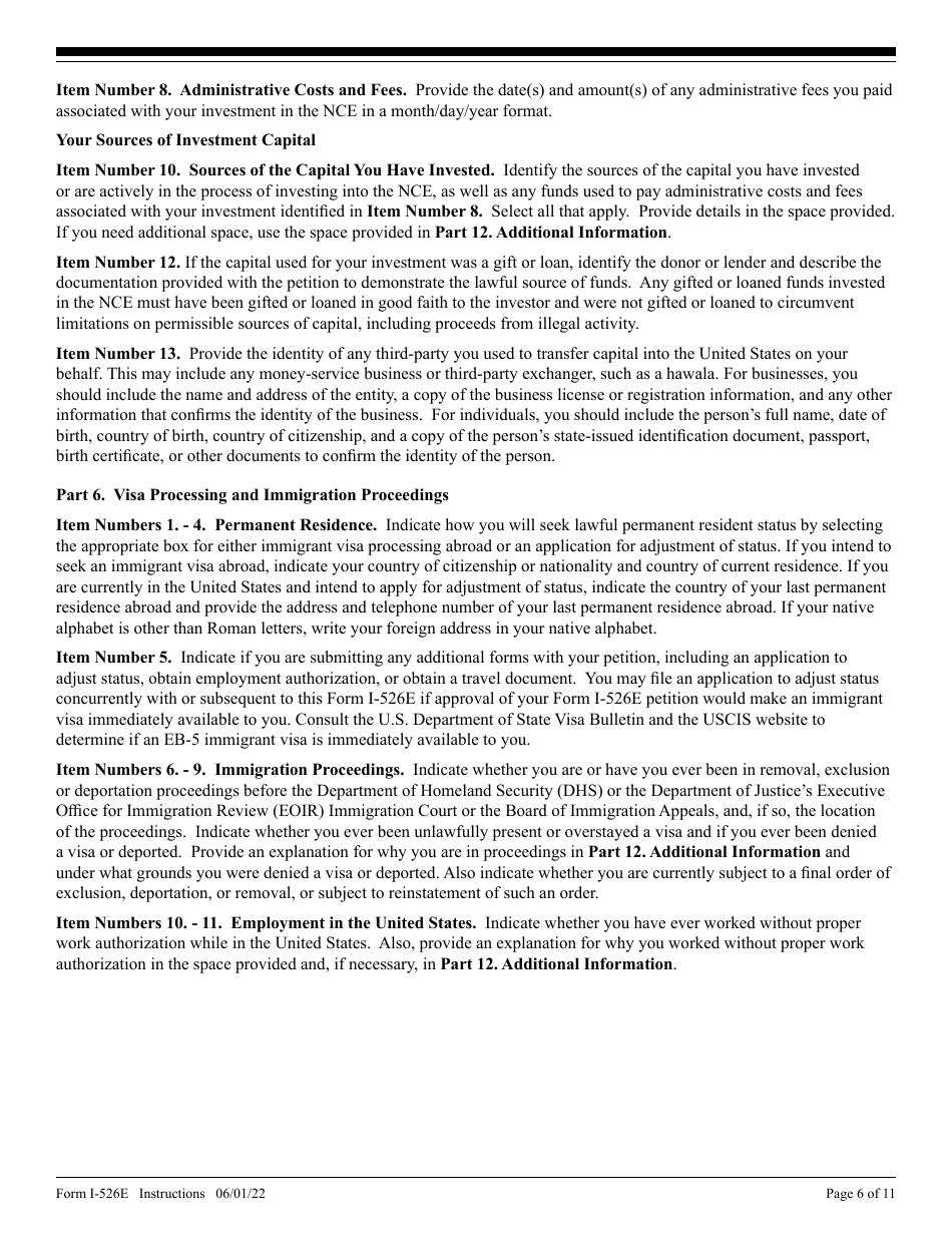 Instructions for USCIS Form I-526E Immigrant Petition by Regional Center Investor, Page 6