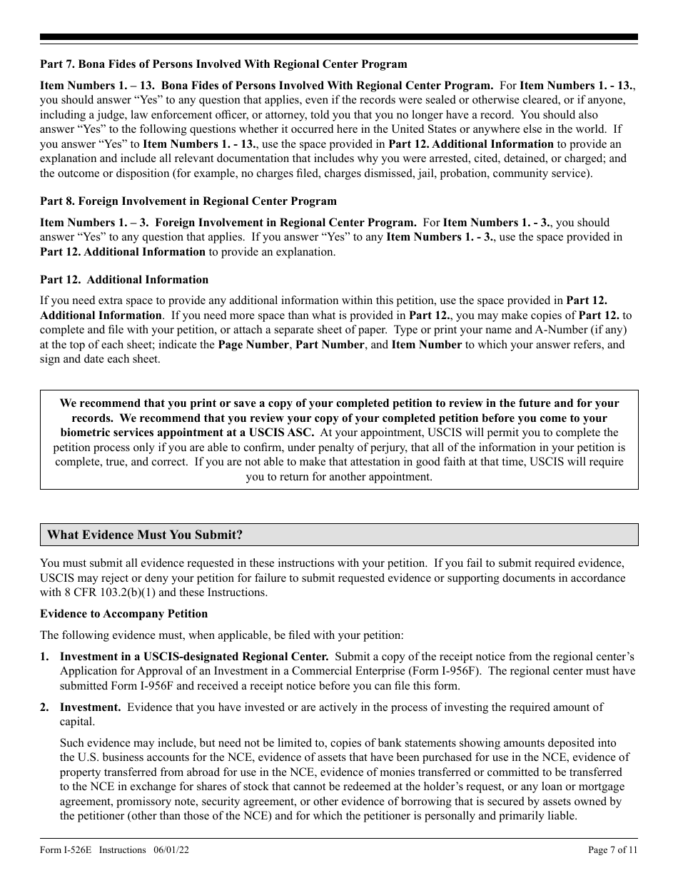 Instructions for USCIS Form I-526E Immigrant Petition by Regional Center Investor, Page 7